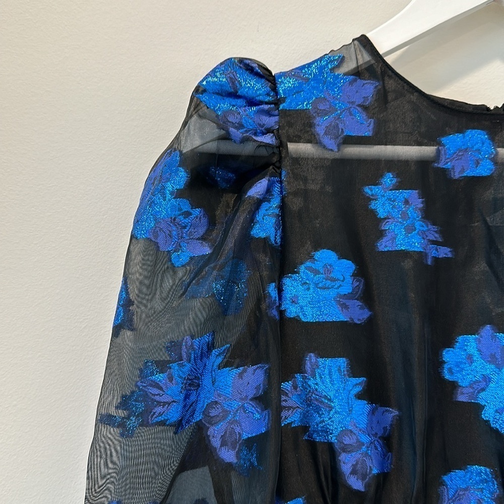 Zara Black Tiered Ruffle Organza Blue Floral Long Sleeve Mini Dress Size Small - Picture 8 of 11